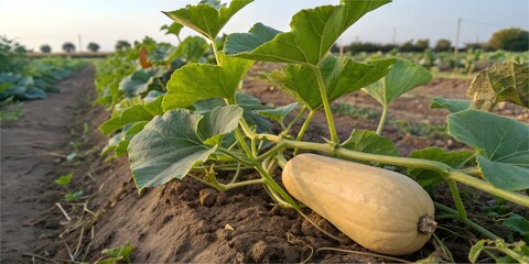 Fresh butternut squash growing in green field sunny day