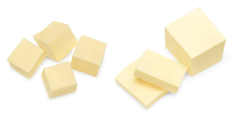 Pieces of butter isolated on white background. clipping path