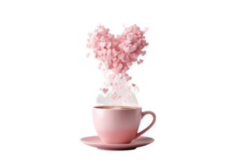 Pink hearts rising from a steaming cup of coffee love romance,On Transparent Background, Isolated on white