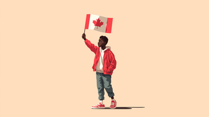 Medium-shot of Black Canadian youth holding maple flag in serene portrait, plain peach cream background