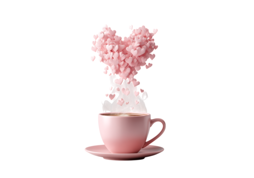 Pink hearts rising from a steaming cup of coffee love romance,On Transparent Background, Isolated on white