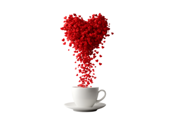 A heart shaped cloud of red hearts pouring into a white coffee cup,On Transparent Background, Isolated on white