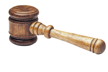 High-resolution walnut wood gavel isolated on transparent background in PNG format, perfect cutout for legal-themed presentations, courtroom illustrations, and professional graphic design projects