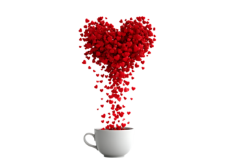 Red hearts falling into a white cup love romance valentine's day,On Transparent Background, Isolated on white