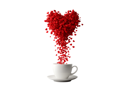 A heart shaped cloud of red hearts pouring into a white coffee cup,On Transparent Background, Isolated on white