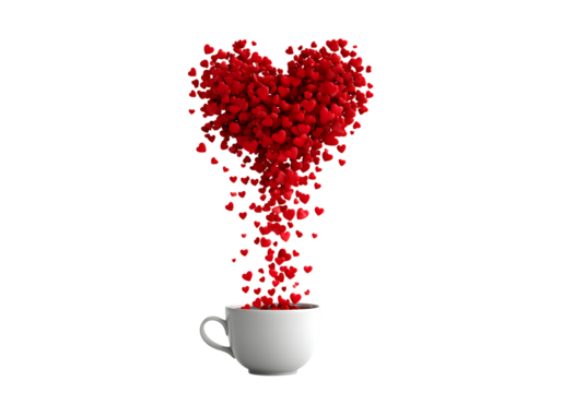 Red hearts falling into a white cup love romance valentine's day,On Transparent Background, Isolated on white