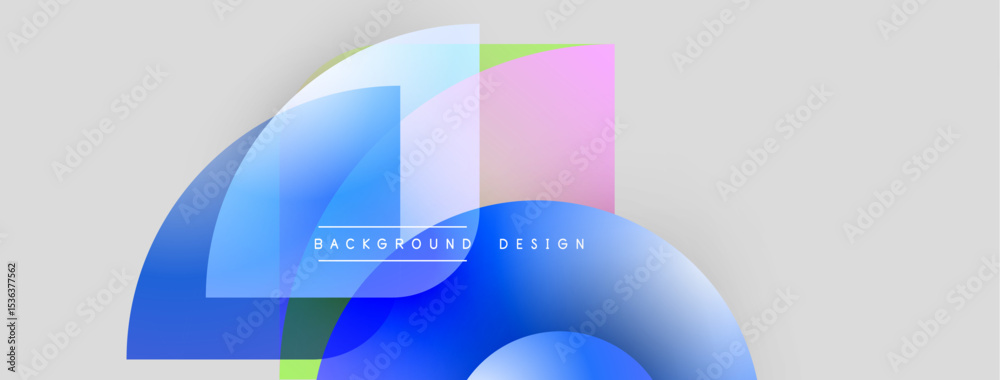 Poster Abstract shapes overlap, creating vibrant color gradients. Minimalist design with text background design centered. Light gray backdrop provides contrast.