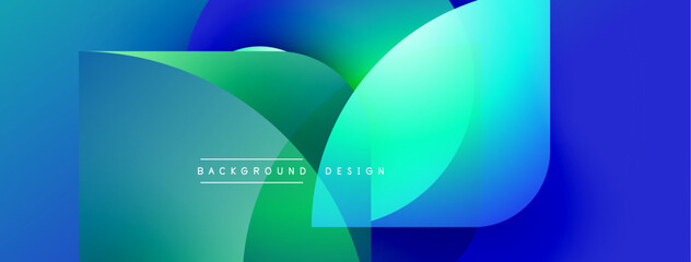 Abstract design features overlapping translucent shapes. Blue, green hues create dynamic visual effect. Modern background suitable for presentations.