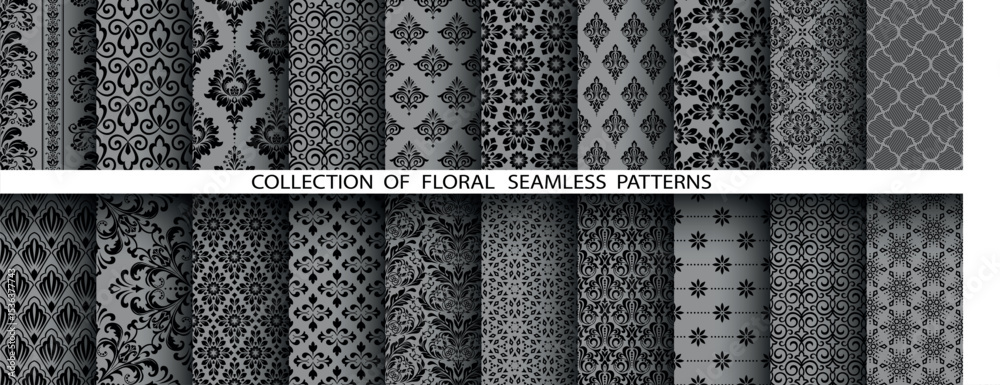 Poster geometric floral set of seamless patterns. gray and black vector backgrounds. damask graphic ornamen