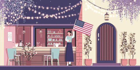 Barista waves US flag at café patio lit by fairy lights