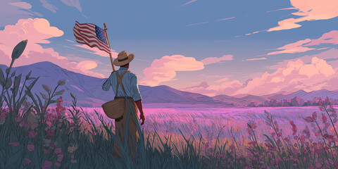 Farmer holds US flag in wildflower field under pastel sunset