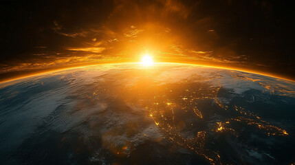 South America viewed from space at sunrise, with glowing city lights and vast green forests. Sunrise highlights continent features, showcasing natural beauty and human presence on a global scale.

