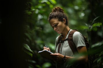Young woman researcher with backpack writing notes in lush green rainforest, focused and thoughtful