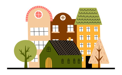 City street. Cute tiny homes and geometric trees. Colorful building. Real estate. Urban landscape. Simple architecture, childish print. Vector cartoon flat style isolated on background illustration
