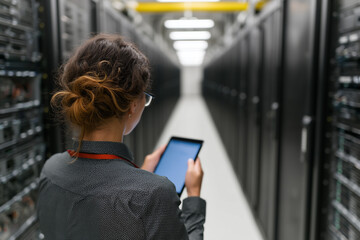 Female engineer with tablet in server room, technology professional working, data center, focused, modern workspace