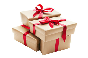 Obraz premium Eco paper gift boxes tied with vibrant red ribbons isolated on white background in high-resolution PNG cutout for sustainable packaging, holiday presentations, and graphic design projects