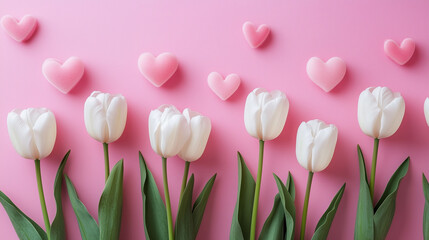 A bouquet of white tulips with a pink heart as a backdrop, arranged to look like they are embracing each other.