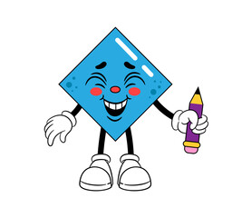 Face expression. Cute retro emoticon. Cartoon smiling character with pencil. Happiness and joy emotion. Happy feeling. Geometric shape with hands and legs. Abstract figure. Comic mascot vector icon