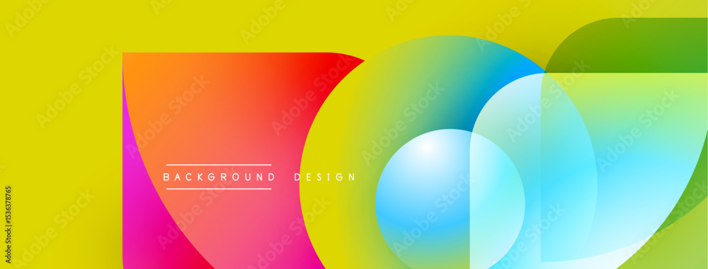 Poster Bright abstract design features overlapping colorful circles, square. Yellow backdrop provides vibrant contrast, modern aesthetic.