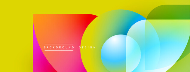 Obraz premium Bright abstract design features overlapping colorful circles, square. Yellow backdrop provides vibrant contrast, modern aesthetic.