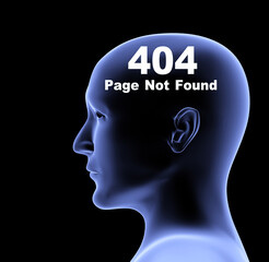 Human head and 404 error Page not found message. Alzheimer's disease. Neurodegeneration. Human mind, Dementia and Parkinson disease concept. Mental health care. Isolated on black background. 3d render