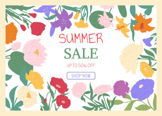 Summer sale banner. Different flowers background. Frame with wildflowers. Spring discount design. Floral decorative advertising. Colorful bouquets. Vector cartoon flat style isolated illustration