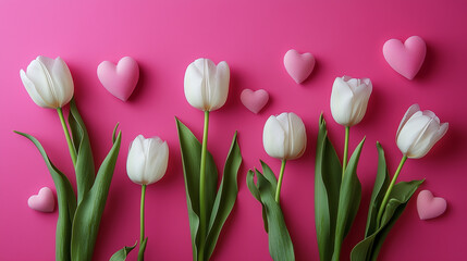 A bouquet of white tulips with a pink heart as a backdrop, arranged to look like they are embracing each other.