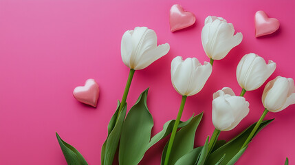 A bouquet of white tulips with a pink heart as a backdrop, arranged to look like they are embracing each other.