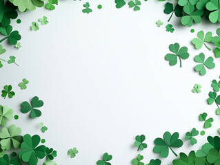 Fototapeta premium A top-down view of a white background framed by various shades of green four-leaf and three-leaf clovers, made from paper.