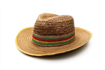 A photo of an open brown straw hat with green, red, and yellow stripes around the brim on a white background.