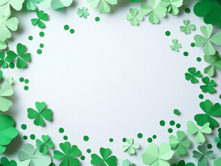 A top-down view of a white background framed by various shades of green four-leaf and three-leaf clovers, made from paper.