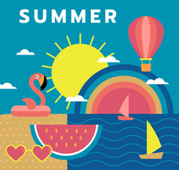 Summer travel. Ocean beach, sun in blue sky, flamingo toy, yacht in sea. Resort vacation. Summertime geometric elements, card design. Vector cartoon flat style isolated on background illustration