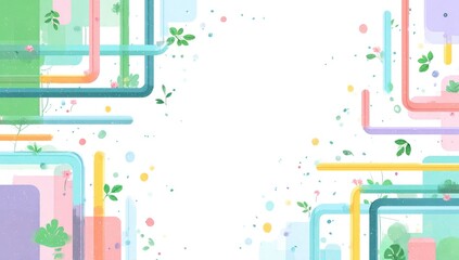 Pastel-colored geometric shapes and foliage border a white background, scattered with small dots and speckles