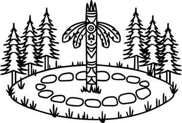 Obraz premium Totem pole in forest clearing surrounded by stone circle nature, spirituality, indigenous culture, wilderness art