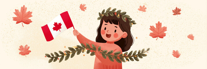 Medium-shot flat art of smiling child holding decorative flag garland