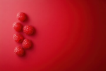 Seven ripe raspberries arranged on vibrant red background. Perfect for food blogs, menu design, or healthy recipe visuals.