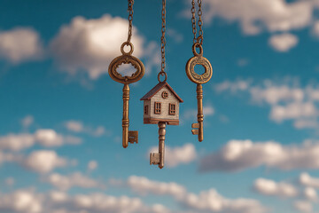 Three keys suspended by chains with a miniature house on a key against cloudy sky