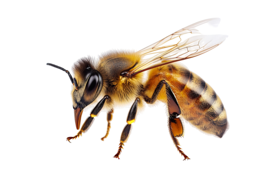 Close-up of a detailed honey bee walking in high-resolution PNG cutout on transparent background, ideal for pollination graphics, insect illustration and nature-themed design assets