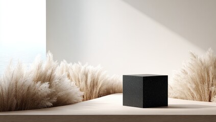 Minimalist scene a black cube on light wood, framed by beige pampas grass against a bright, airy background