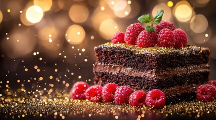 Chocolate cake slice topped with raspberries and gold glitter