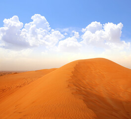 Beautiful scene with dune, UAE. Breathtaking vista of sand dunes in desert. Topic of vacation, travel, trip abroad, cruises and tours. Picturesque landscape with sandy dunes, United Arab Emirates