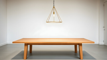 Modern minimalist interior design featuring wooden table and geometric lamp
