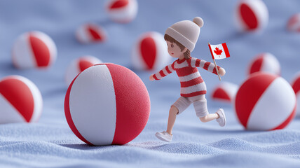 Playful child bounces Canada-patterned beach ball, flag tucked in pocket