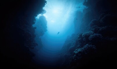 A lone diver ascends a deep, narrow chasm in a vibrant blue ocean, surrounded by dark coral walls and small fish