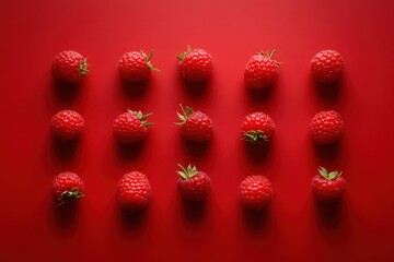 Fifteen fresh raspberries are neatly arranged on a vibrant, solid red background. Showcase healthy eating, dessert, or a visually striking design element.
