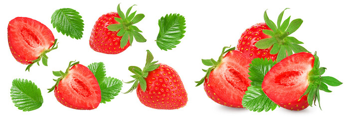 Sliced strawberry with green leaves isolated on white background. clipping path