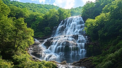 A majestic waterfall cascading down a lush green mountainside in June 