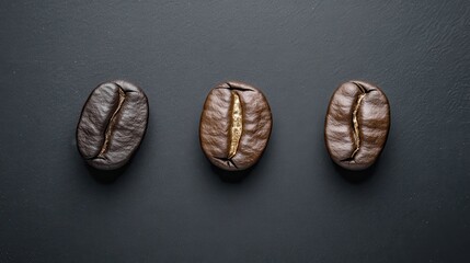 Three roasted coffee beans lie on a textured, dark gray surface. Use for coffee branding, product mockups, or related advertising.