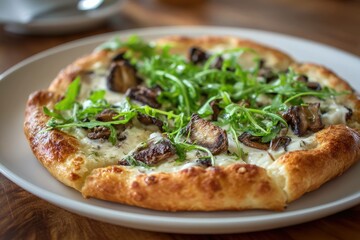 Truffle mushroom pizza with white sauce and arugula
