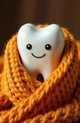 an image of a tooth with eyes and mouth. The tooth is wrapped in a knitted blanket. Dental care. Advertising of a dental clinic. medical concept. vertically